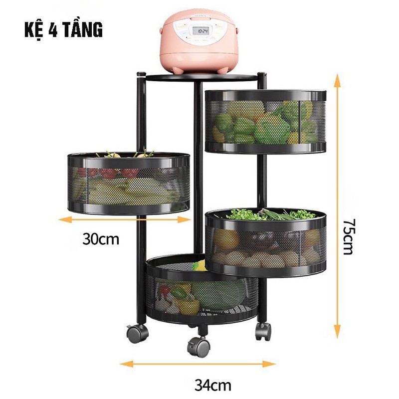 Kệ sắt xoay tròn 4 tầng có bánh xe