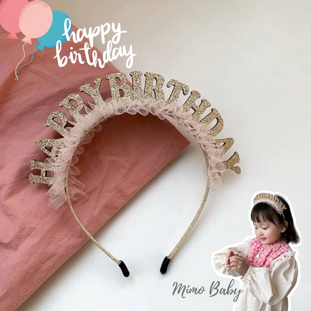 Bờm cài sinh nhật chữ happy birthday viền voan hồng cho bé Mimo baby BD33