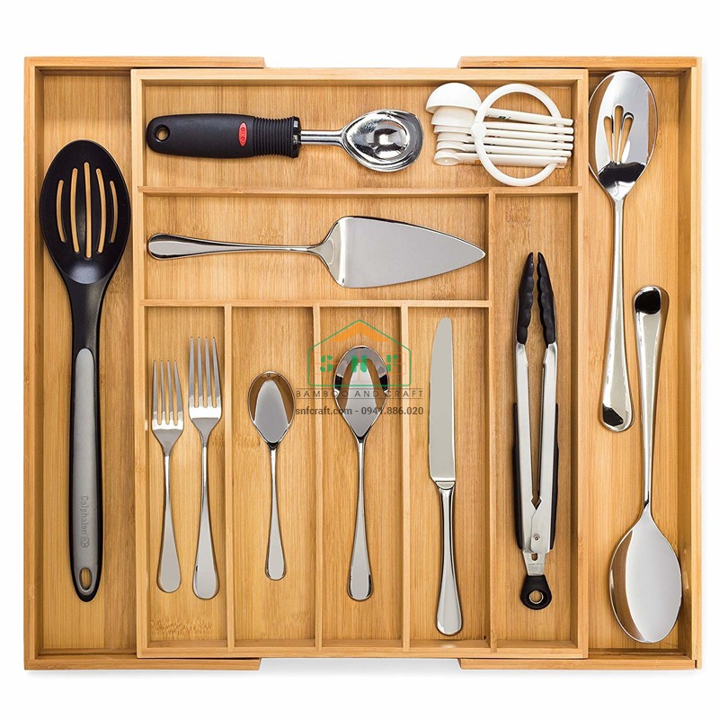 Khay chia ngăn kéo tủ bếp 6 ngăn và 2 ngăn mở rộng kéo giãn đựng muỗng nĩa đũa, dụng cụ bếp, đồ chơi và dụng cụ học tập
