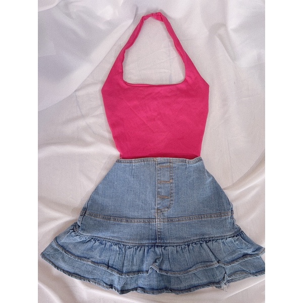 Set áo yếm tròng cổ và chân váy jean tầng phối nút alohashop91