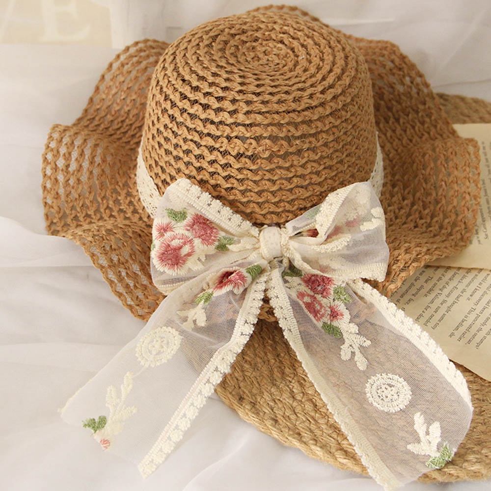 Mũ cói BEAR LEADER vành rộng phối ren hoa tùy chọn màu sắc thời trang mùa hè 2022 cho bé gái
