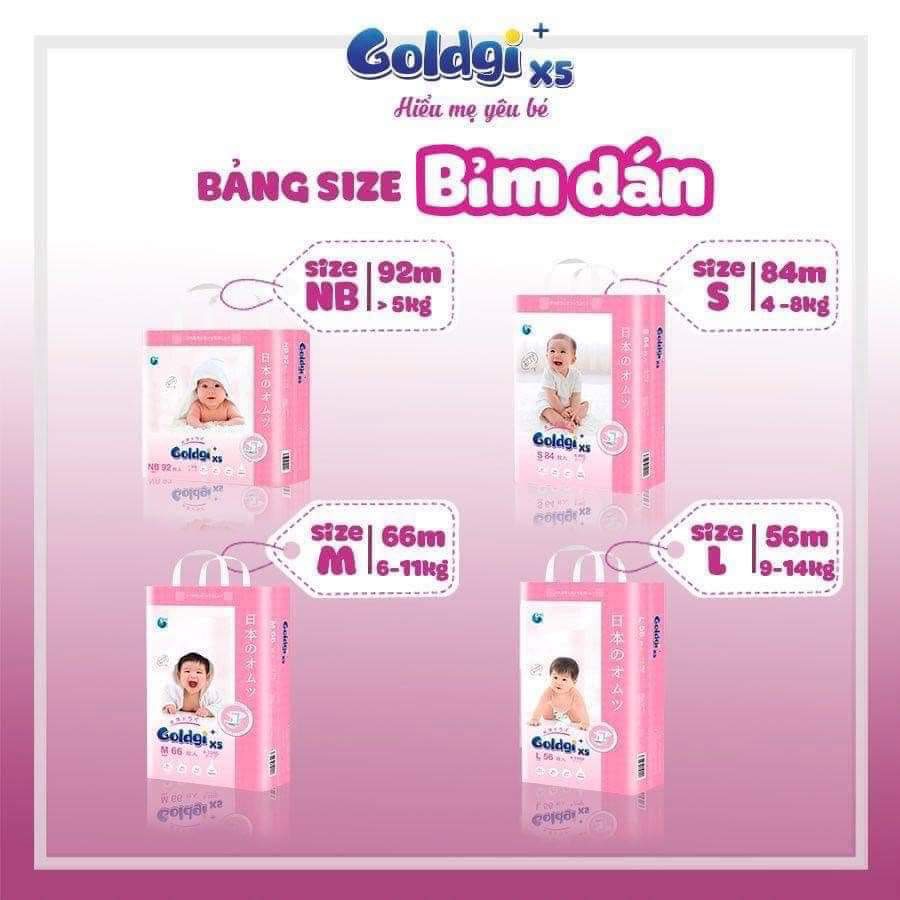 Bỉm Goldgi+ X5 Nhật Dán/Quần Đủ Size NB92/S84/M66/M60/L56/L48/XL44/XXL32 | Minizon Kids