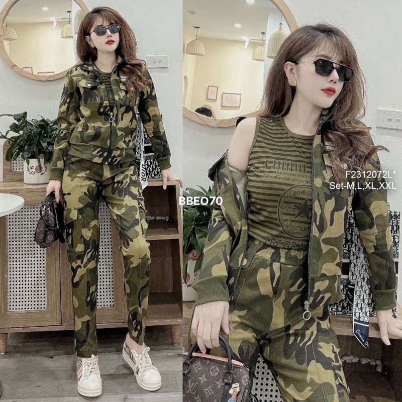 Set 3 món áo khoác họa tiết kéo khóa tay dài áo thun kèm quần dài lính!