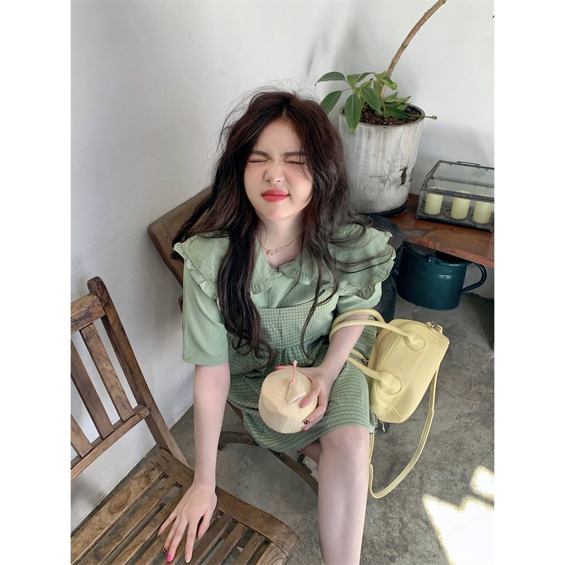 Set Áo Sơ Mi Và Đầm Hai Dây Kẻ Sọc Caro Màu Xanh Lá Mùa Hè Cho Nữ