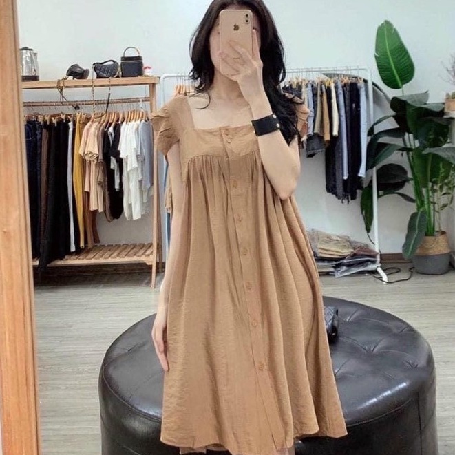 Váy suông cánh tiên chất đũi cổ vuông dáng dài thanh lịch - Đầm xuông đũi xếp ly đính cúc tay công sở, dạo phố