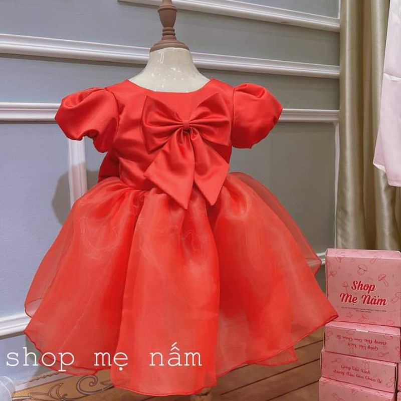 Đầm bé gái dáng xòe tay phồng cổ đính nơ công chúa xinh xắn trắng/đỏ/hồng - Shop Mẹ Nấm