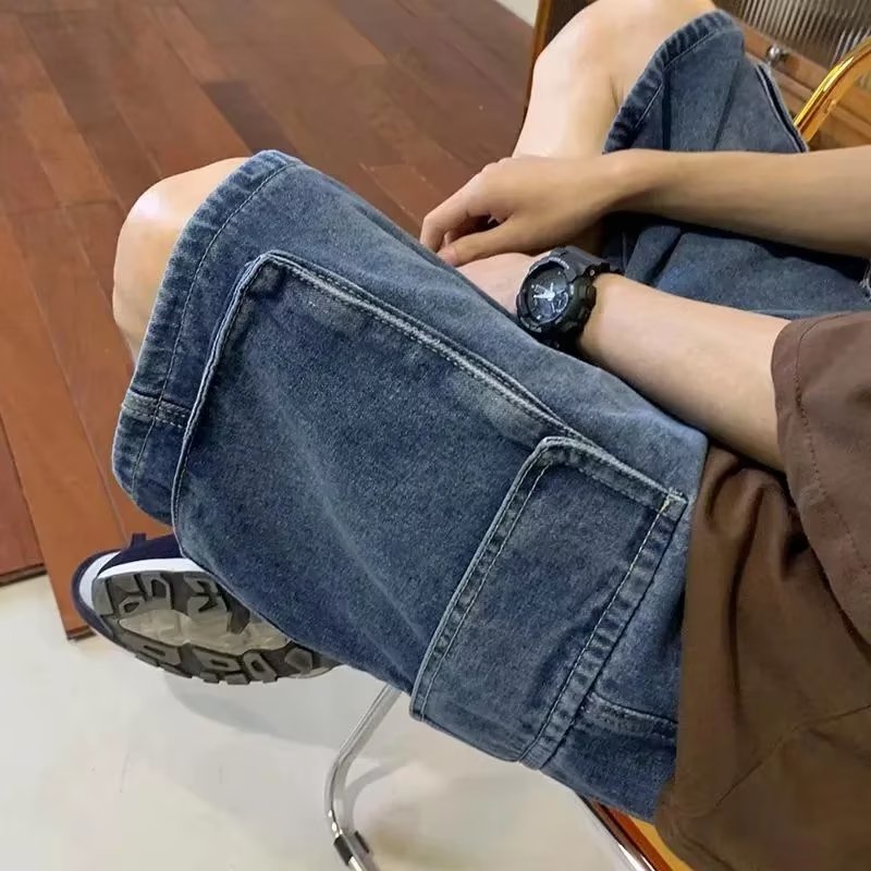 Quần Short denim Phối Túi Lớn Phong Cách retro Nhật Bản Thời Trang Cho Nam