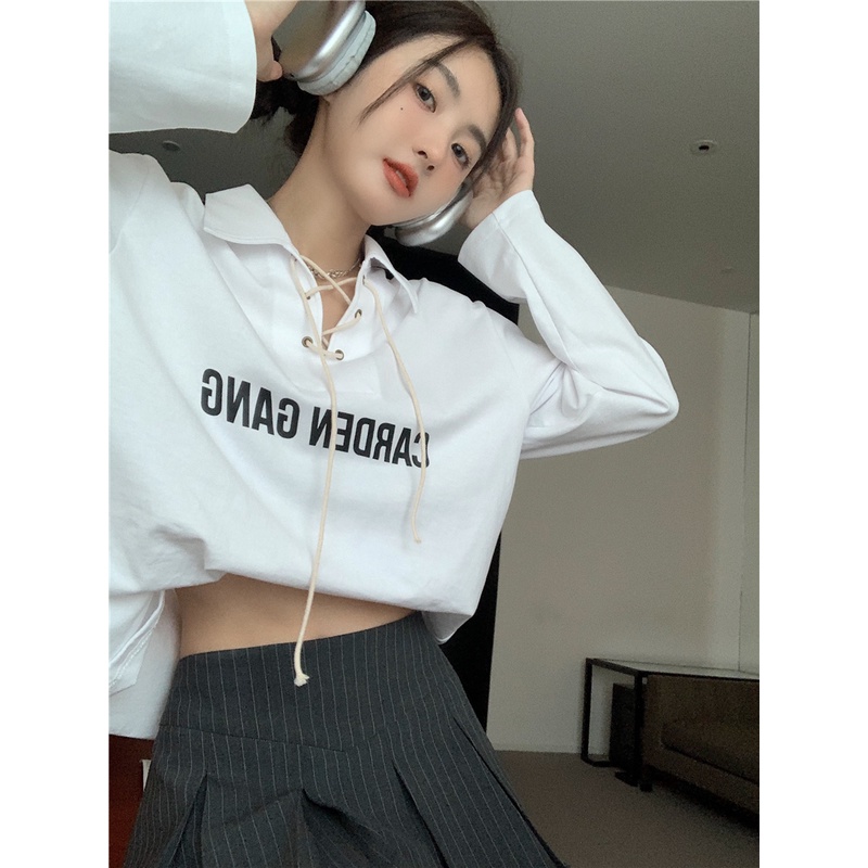 QKOOLE  Áo polo Tay Dài Màu Trắng Thời Trang Hàn Quốc Cho Nữ