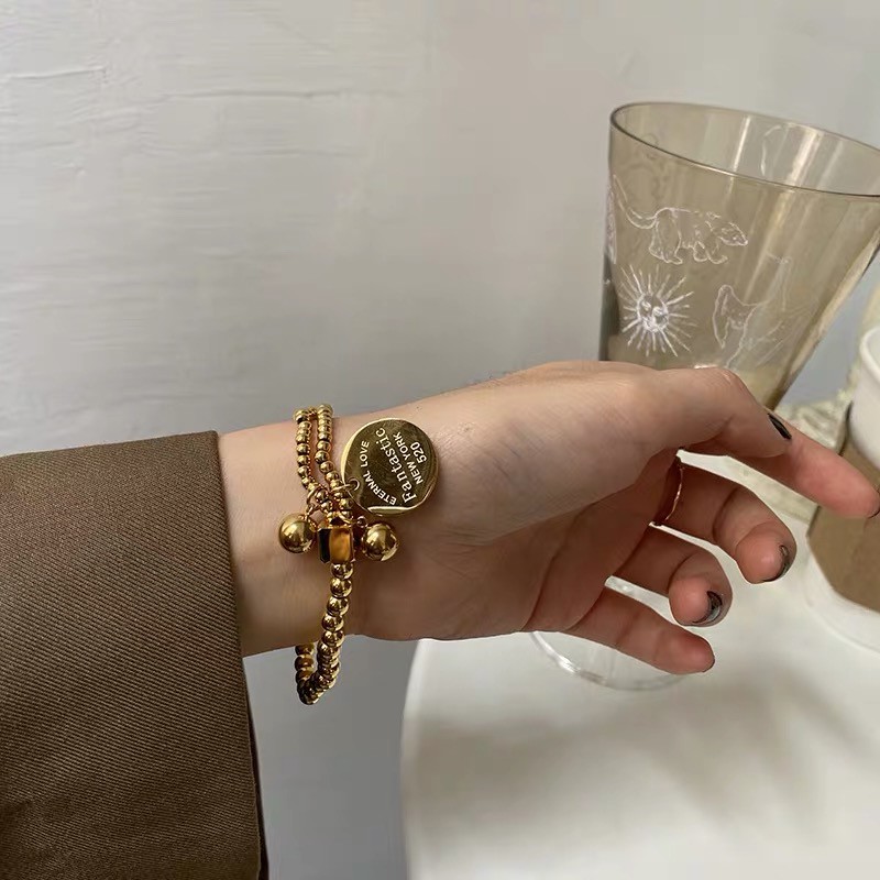 Vòng tay chuỗi hạt tròn bằng nhựa mạ vàng 18k phong cách Âu Mỹ thời trang cho nữ