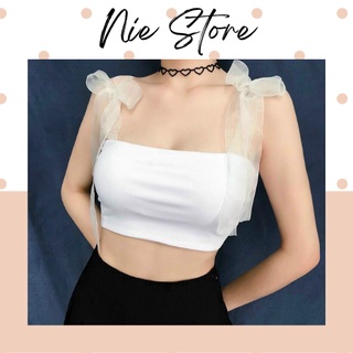 [Mã NIE390 giảm 5K đơn 0đ] Áo thun nữ croptop, áo ống hai dây cột nơ - Áo 2 Dây Trắng Đen