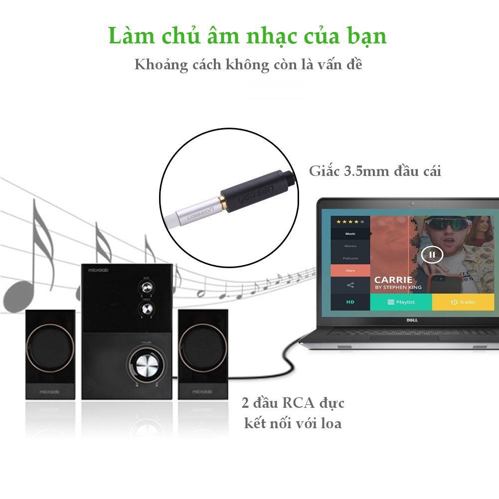 Cáp Audio 3.5mm âm ra 2 RCA dương dài 20cm UGREEN 10561 - Hàng chính hãng