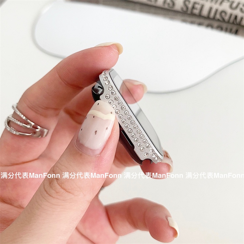 Ốp Điện Thoại Kính Cường Lực Cứng Viền Kim Loại Không Gỉ Đính Đá Cho Apple watch series 7 8 6 SE 5 4 40mm 44mm 41mm 45mm