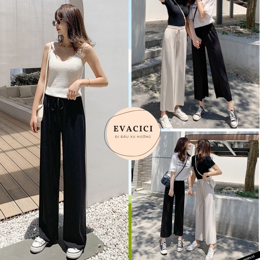 [EVACICI] Quần ống rộng cotton tăm culottes cạp chun sau form Hàn Quốc siêu hack dáng - có nhiều màu.
