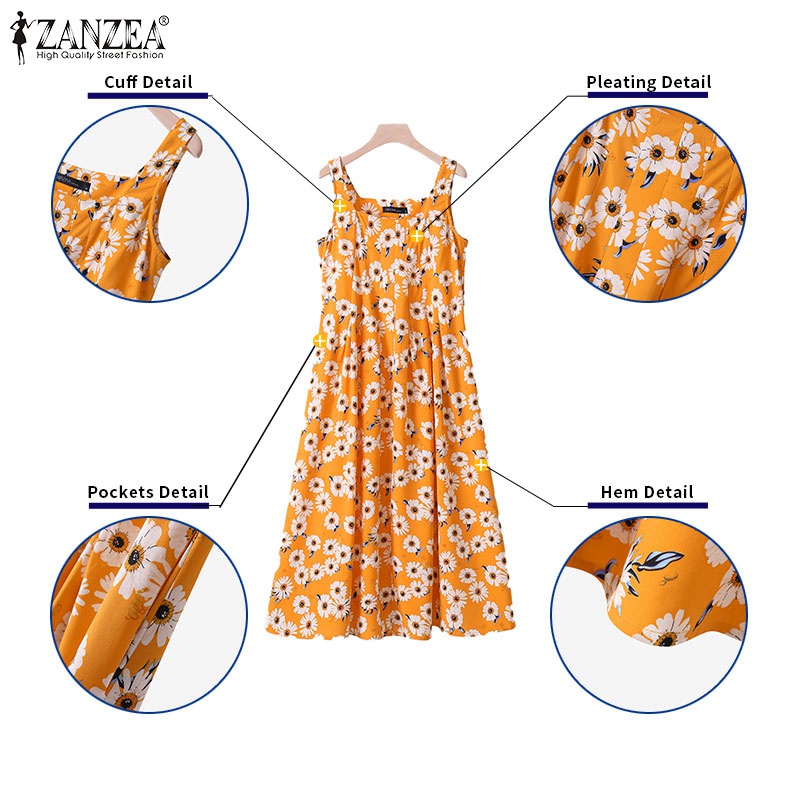 Zanzea Đầm Dài Xếp Ly Cổ Vuông Không Tay Thời Trang Dành Cho Nữ