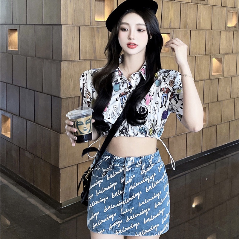 Chân Váy Denim Lưng Cao In Chữ Thời Trang Mùa Hè Mới Cho Nữ