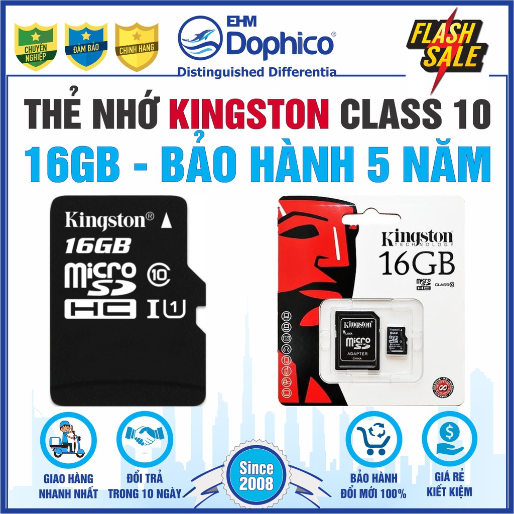 Thẻ nhớ Kingston 16GB - KINGSTON MicroSD Class10 – CHÍNH HÃNG – Bảo hành 5 năm – Kèm Adapter