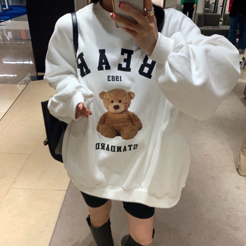 Áo sweater nỉ bông in hình gấu 3 màu xinh form rộng vanmiushop