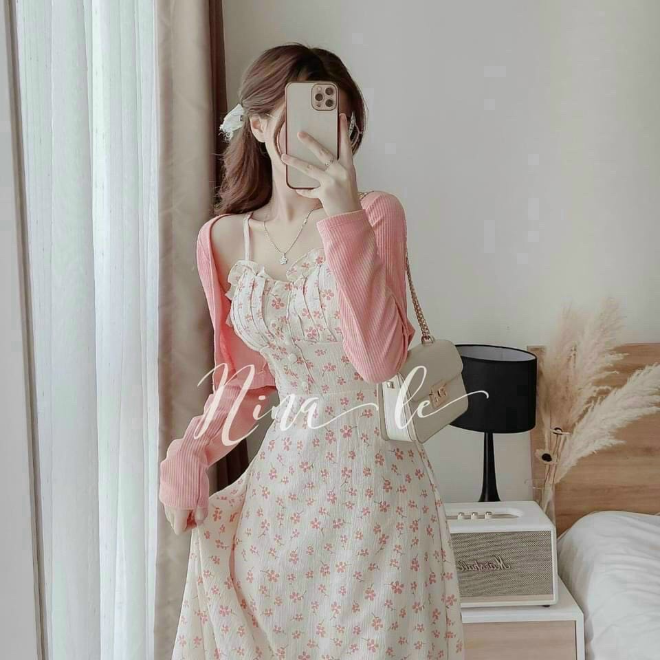 Đầm hoa nhí maxi 2 dây dáng dài kèm áo khoác lửng ngoài,set đầm hoa midi kèm khoác len xinh xắn