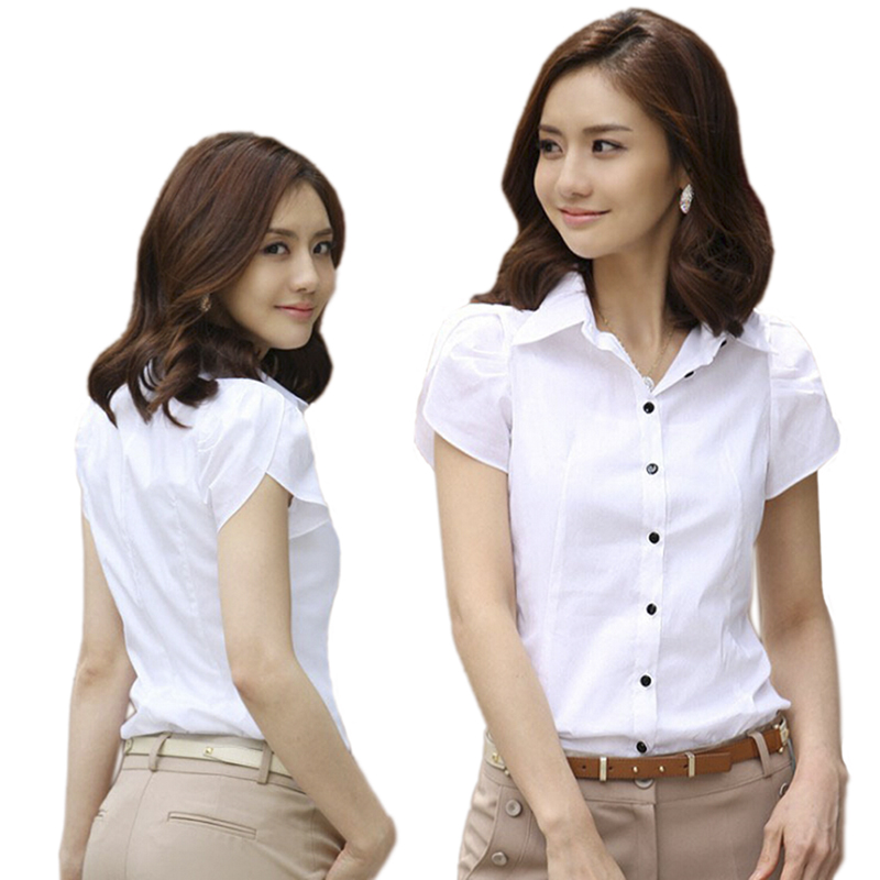 Women Fashion  Short Sleeve OL Blouses Chiffon White Shirts Office Work Wear Top