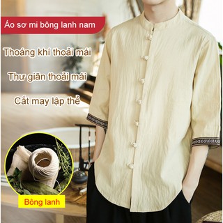 NEW Áo Sơ Mi Tay Lửng Phối Hàng Nút Phong Cách Trung Hoa Cho Nam