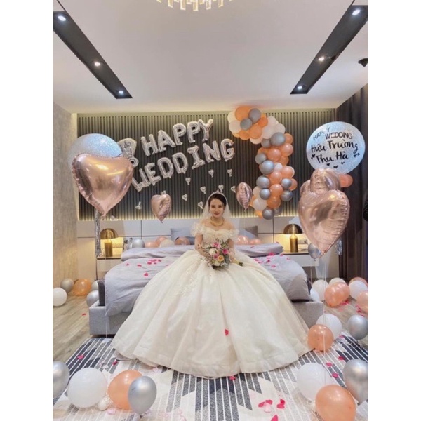 Sét Bóng Trang Trí Phòng Cưới  Happy wedding Kèm Jumbo In Tên Tone Vàng HOT 2022