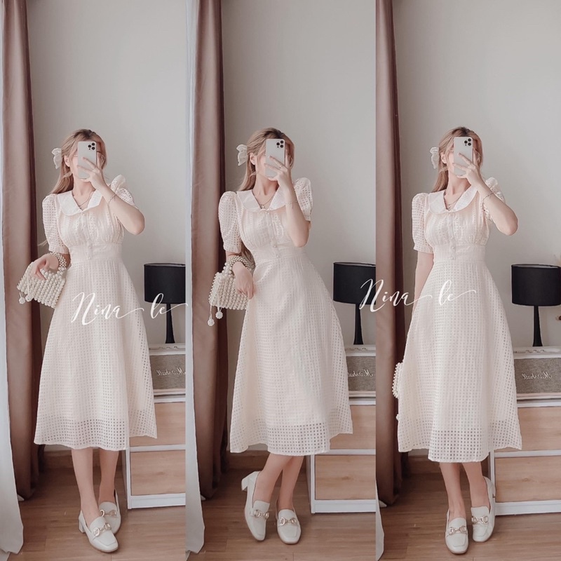 Đầm cổ sen tay ngắn nút bọc
