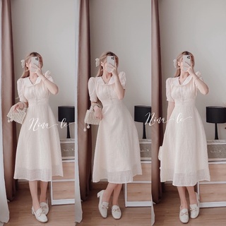 Đầm cổ sen tay ngắn nút bọc