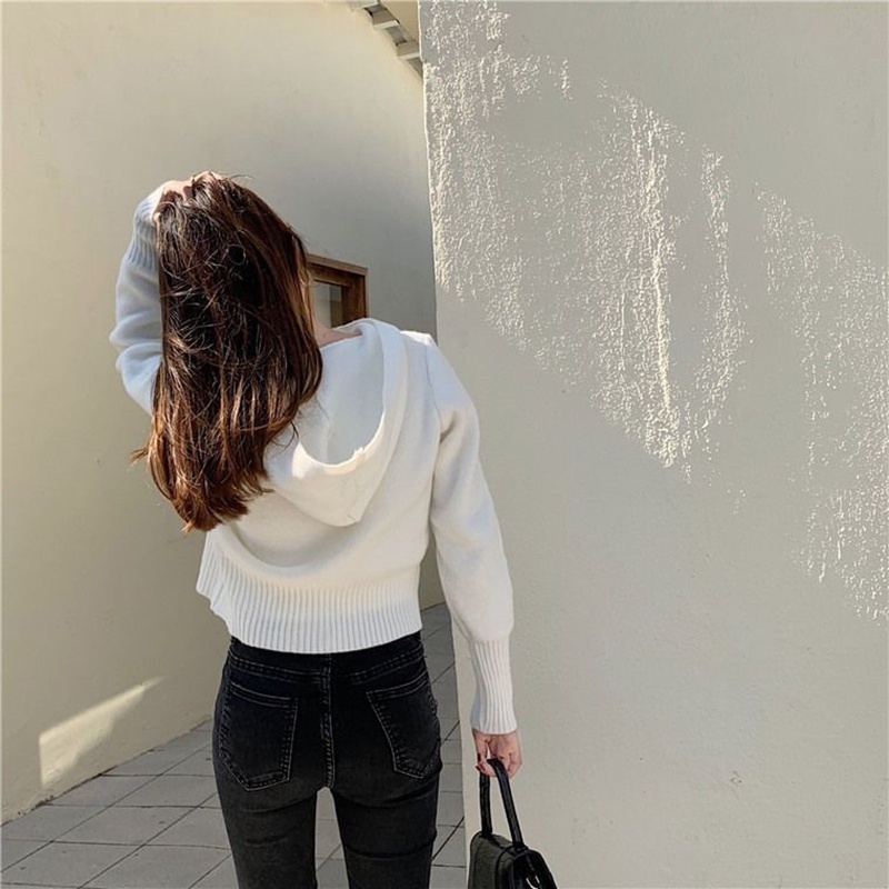 IELGY Áo khoác hoodie ngắn dệt kim thiết kế hai dây kéo thời trang cho nữ