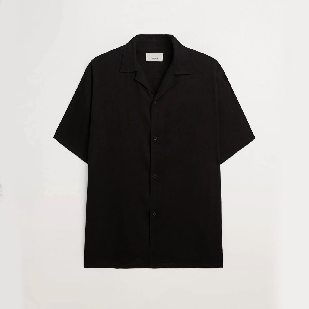 Áo sơ mi tay ngắn nam màu Đen form rộng,sơ mi cổ vest unisex Hàn Quốc chất vải lụa dãn