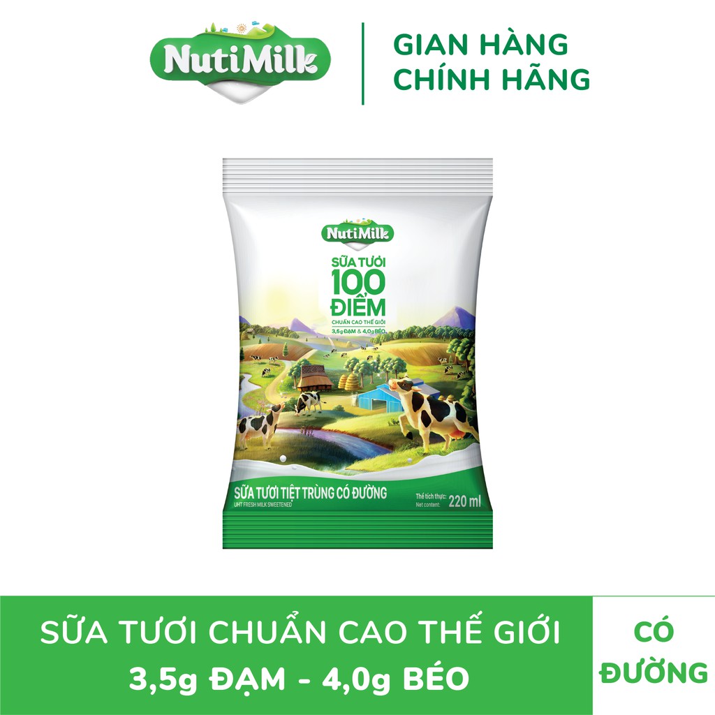  Thùng 48 bịch NutiMilk Sữa tươi 100 điểm có đường bịch fino 220ml/bịch