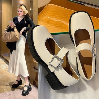  Giày Búp Bê Gót Cao Mũi Tròn Màu Trơn Phối Khóa Xinh Xắn Thời Trang Cho Nữ