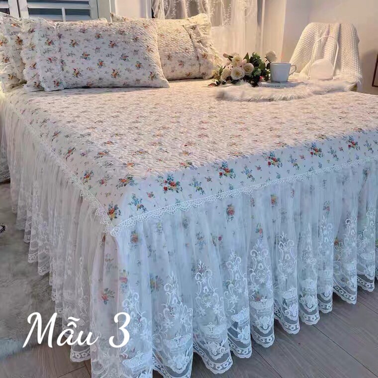 Set ga gối phủ chân giường chần bông hoạ tiết hoa nhí, bộ ga gối Hàn Quốc MỊN KIDS