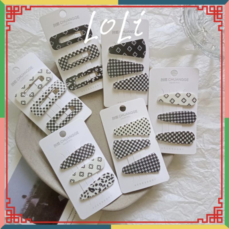(Bộ 3 Cái) Kẹp Tóc Mái Họa Tiết Caro Đen Trắng Thời Trang Hàn Quốc Cho Nữ