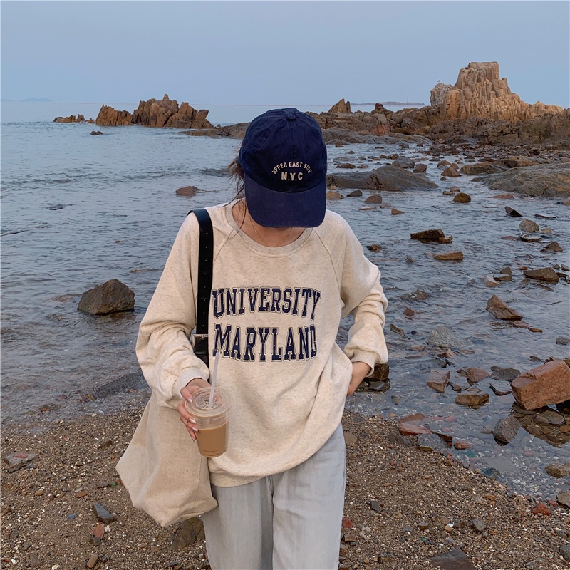 Áo sweater tay dàI cổ tròn in chữ thiết kế mớI phong cách hàn quốc