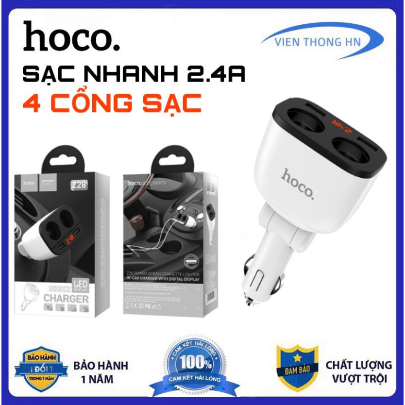 Tẩu sạc nhanh 2.4a 4 cổng có màn hình led hiển thị dòng điện oto hoco z28 - cốc sạc trên xe hơi ô tô - vienthonghn