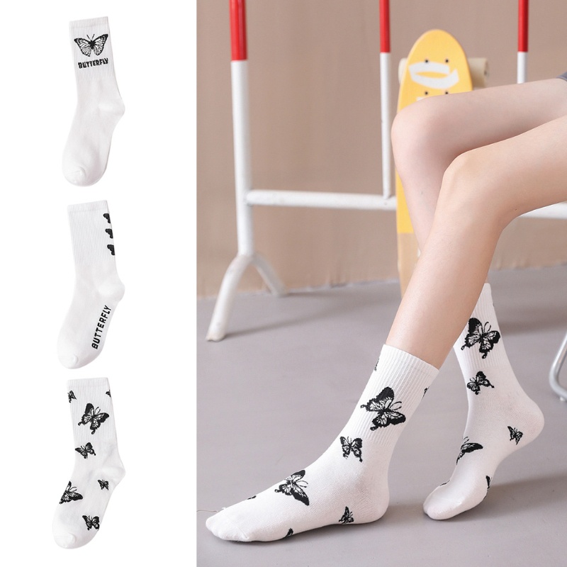 Vớ cổ cao in họa tiết bươm bướm màu trắng đen phong cách hip hop thời trang cho nữ