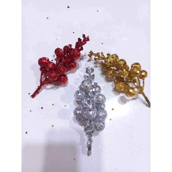 1 canhfNHÁNH -TRÁI CHERRY KIM TUYẾN TRANG TRÍ NOEL | 10 cành quả cherry phủ kim tuyến
