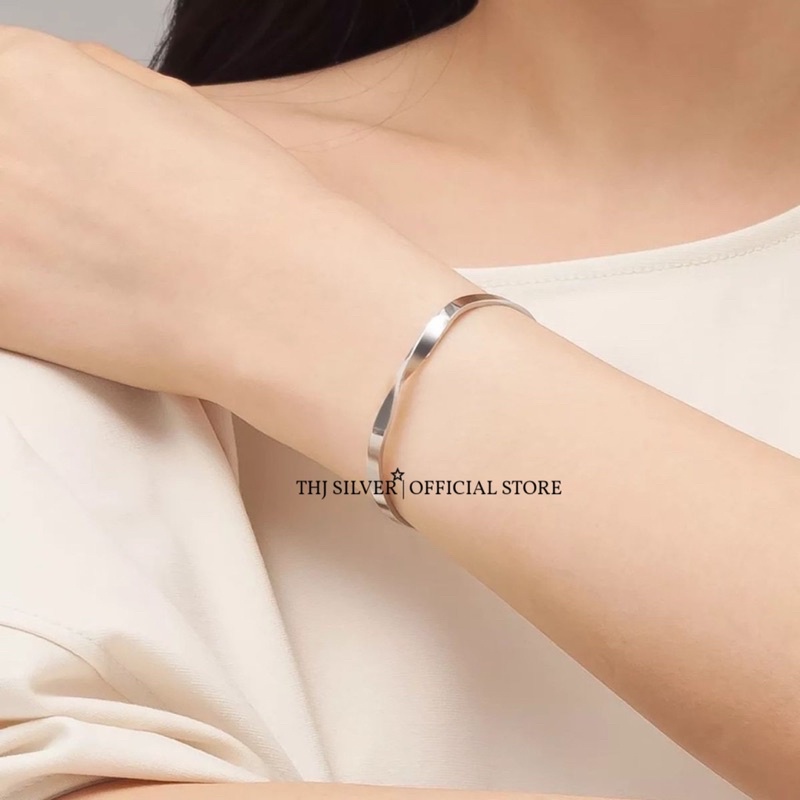 Vòng tay THJ- Vòng tay trơn dạng xoắn bạc ta nguyên chất , cá tính trẻ trung