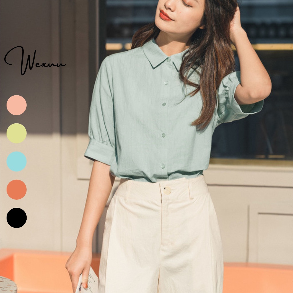 Áo sơ mi nữ tay bồng Wexuu Design, Áo nữ kiểu cổ đức tay lỡ màu sắc thanh lịch [SP33 xanh lá]