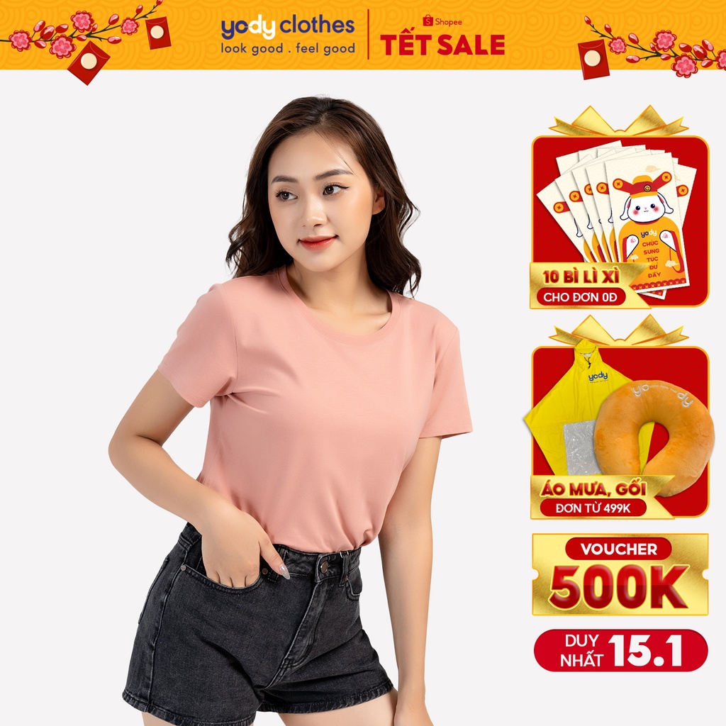 Áo thun trơn nữ YODY tay ngắn vải cotton thoáng mát, đôi nam nữ bigsize TSN5346