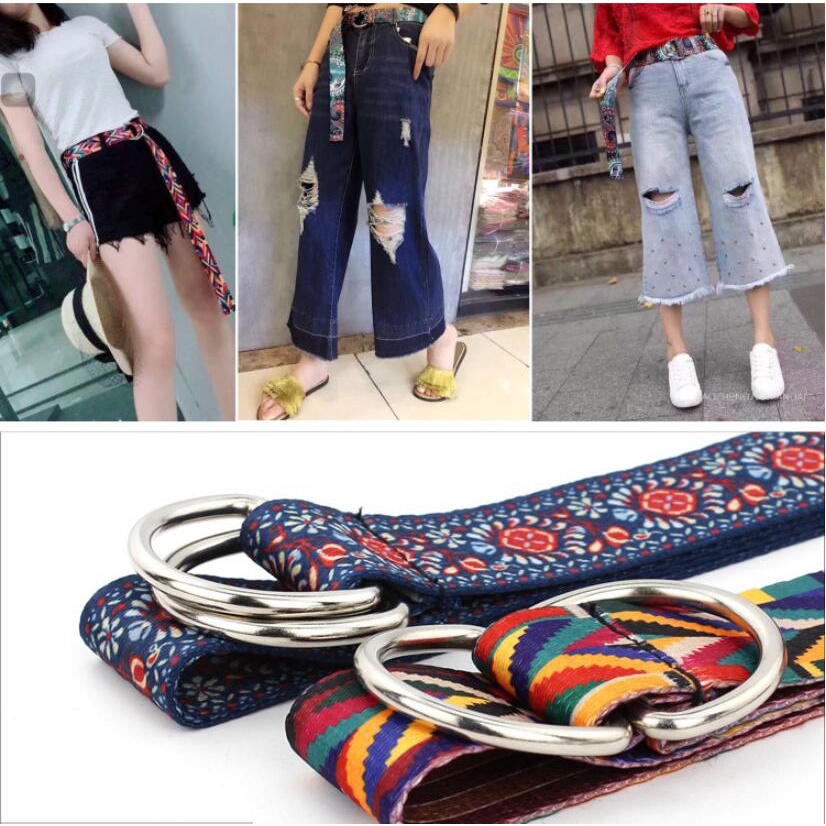 Thắt Lưng Vải Canvas Hai Mặt In Họa Tiết Phong Cách Bohemian Đơn Giản Thời Trang Cho Nữ