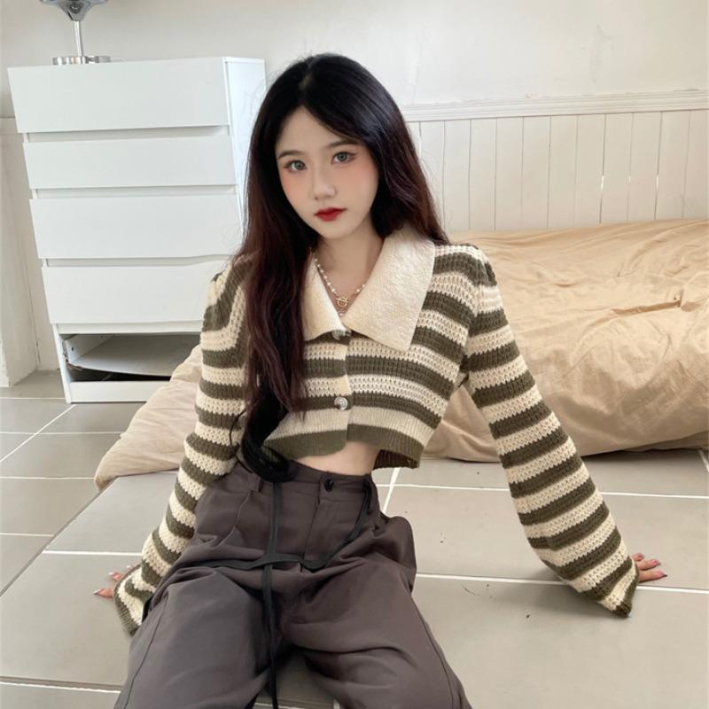 COZOK Áo cardigan crop top COZOK tay dài họa tiết kẻ sọc phong cách Hàn Quốc vintage thời trang