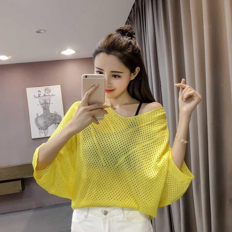 Simple Fashion Shirt Air Conditioning Shirt Plus-Sized Thin Hollow Knitwear Women's Summer Women's Loose Large Size Batwing Shirt Air Conditioning Shirt Top Women