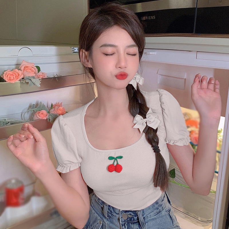 Áo Cotton Tay Ngắn Phồng Màu Trơn Họa Tiết Quả Cherry Thời Trang Mùa Hè Dành Cho Nữ
