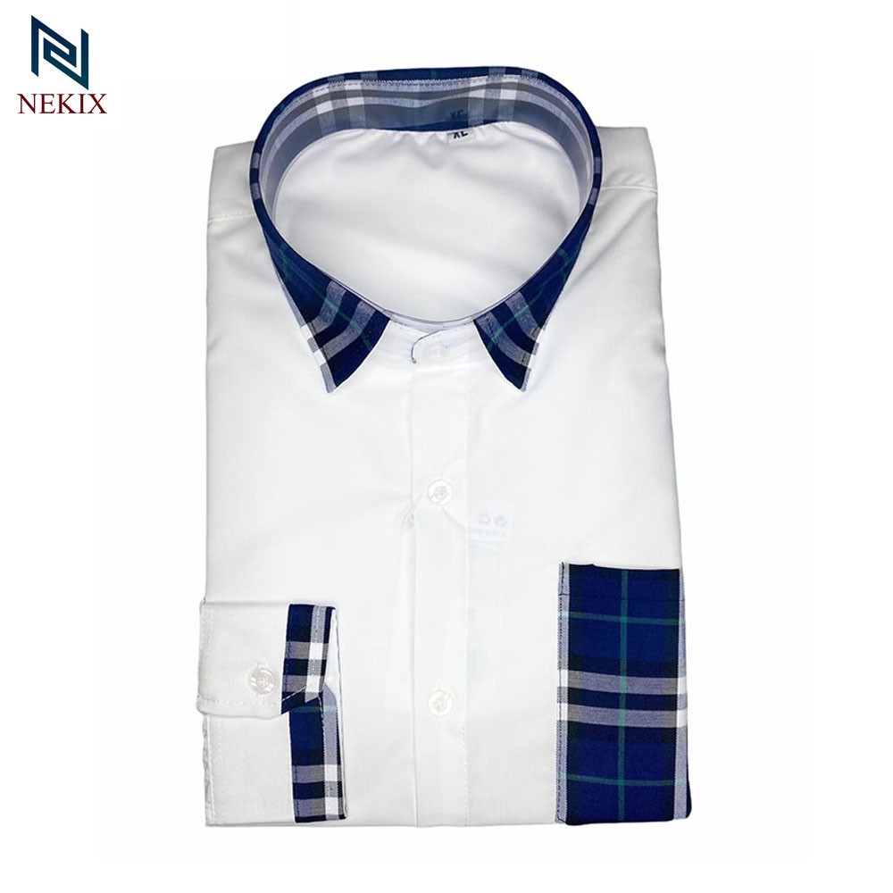 Áo Sơ Mi Nam Dài Tay Trắng Phối Kẻ Cổ Kẻ Tay Kẻ Túi Vải Lụa Trơn Form Body
