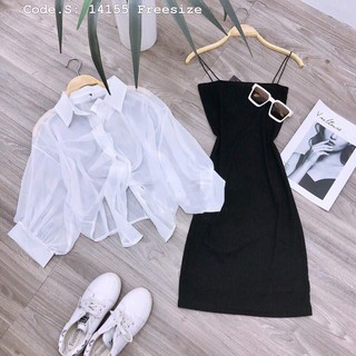 Set áo sơ mi voan cá tính đầm 2 dây bún ôm body siêu xinh sexy