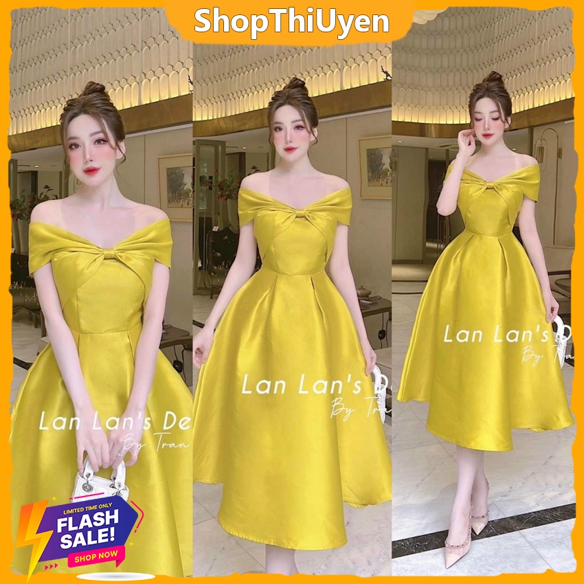 Đầm dự tiệc sang trọng chất vải tapta – Đầm trễ vai nơ form dáng xòe
