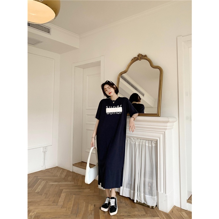 Đầm Suông Váy Dài Form Rộng Tay Lỡ Cổ Tròn In CHữ Kiểu Kiểu Cách Đẹp Chất Cotton Co Dãn Mềm Mát TTDS0495