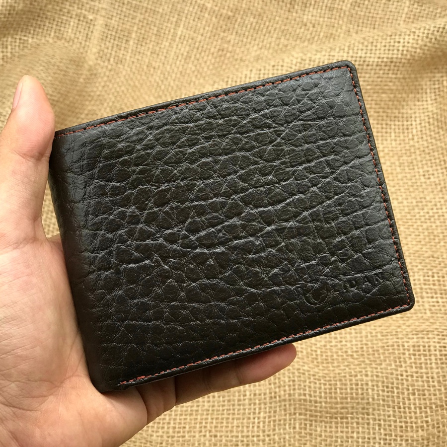 Ví nam da bò thật cao cấp LIDAN, bóp vân voi dáng ngang có hộp vintage kèm thiệp đẹp làm quà tặng LD5