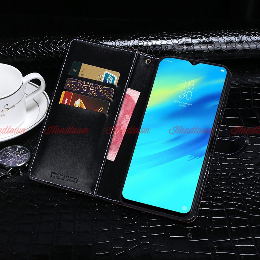 Bao da kiêm ví đựng thẻ Realme 3 vân cá sấu